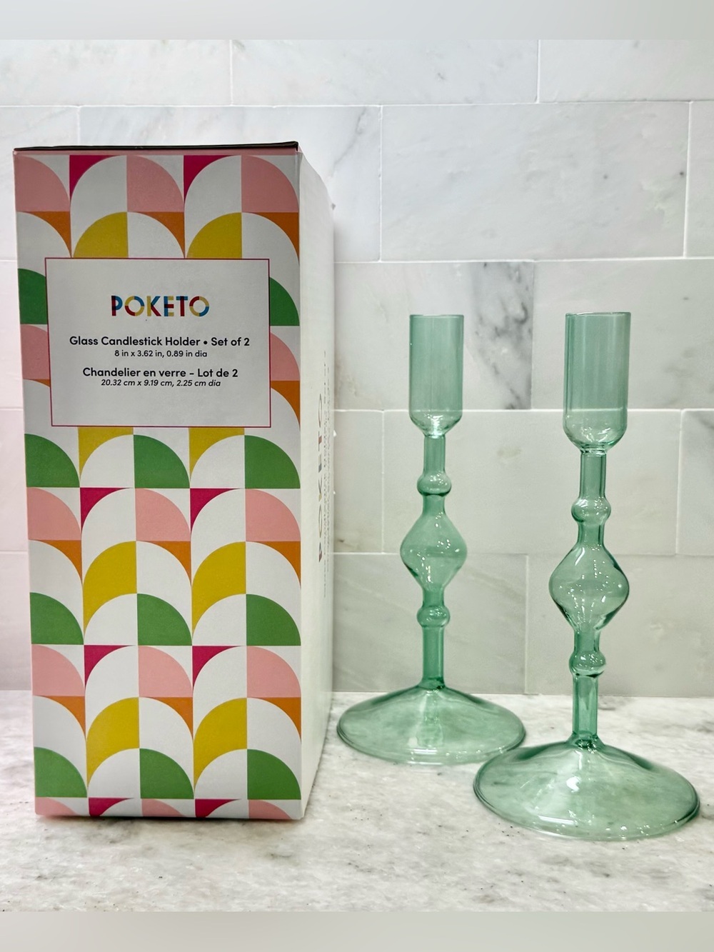 New Poketo Set of 2 Green Glass Taper Candle Candlestick Holders w/ Box - 8”